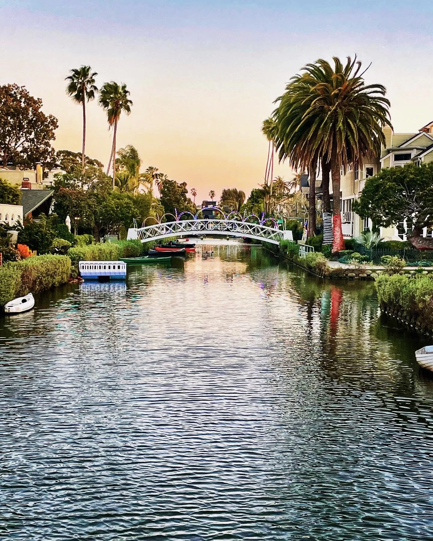 Palm trees and small boats frame a canal beneath a pink and gold sunset.