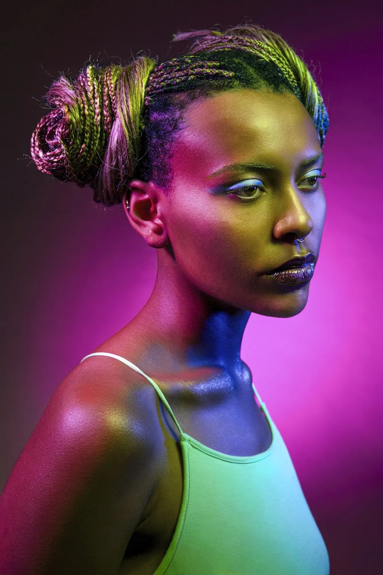 Studio portrait with green and purple light across the face