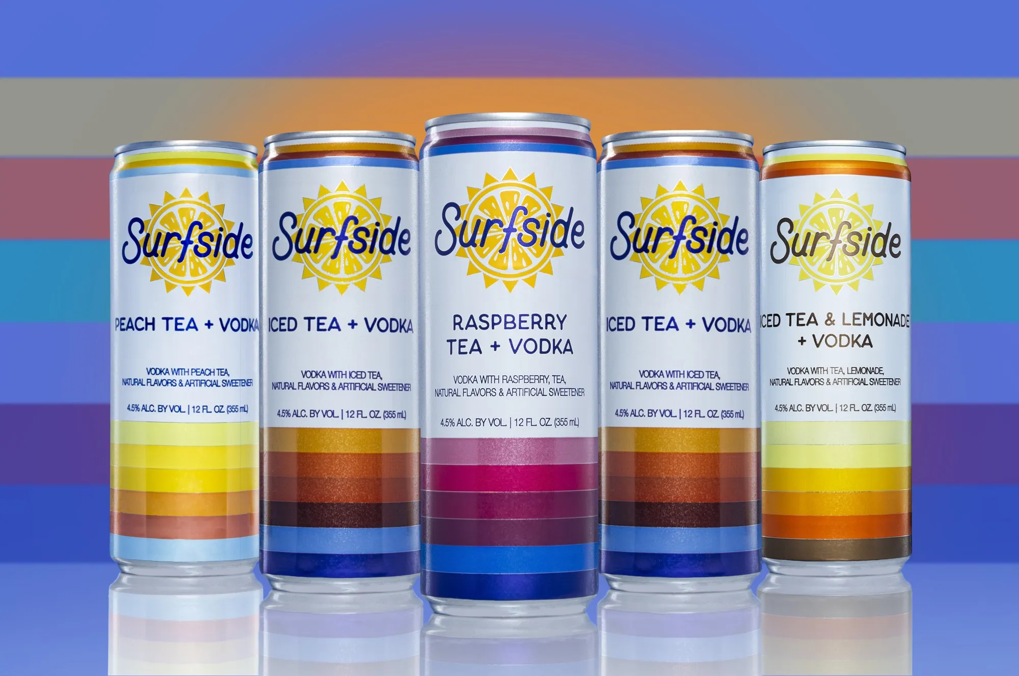 A row of colorful beverage cans against a striped backdrop