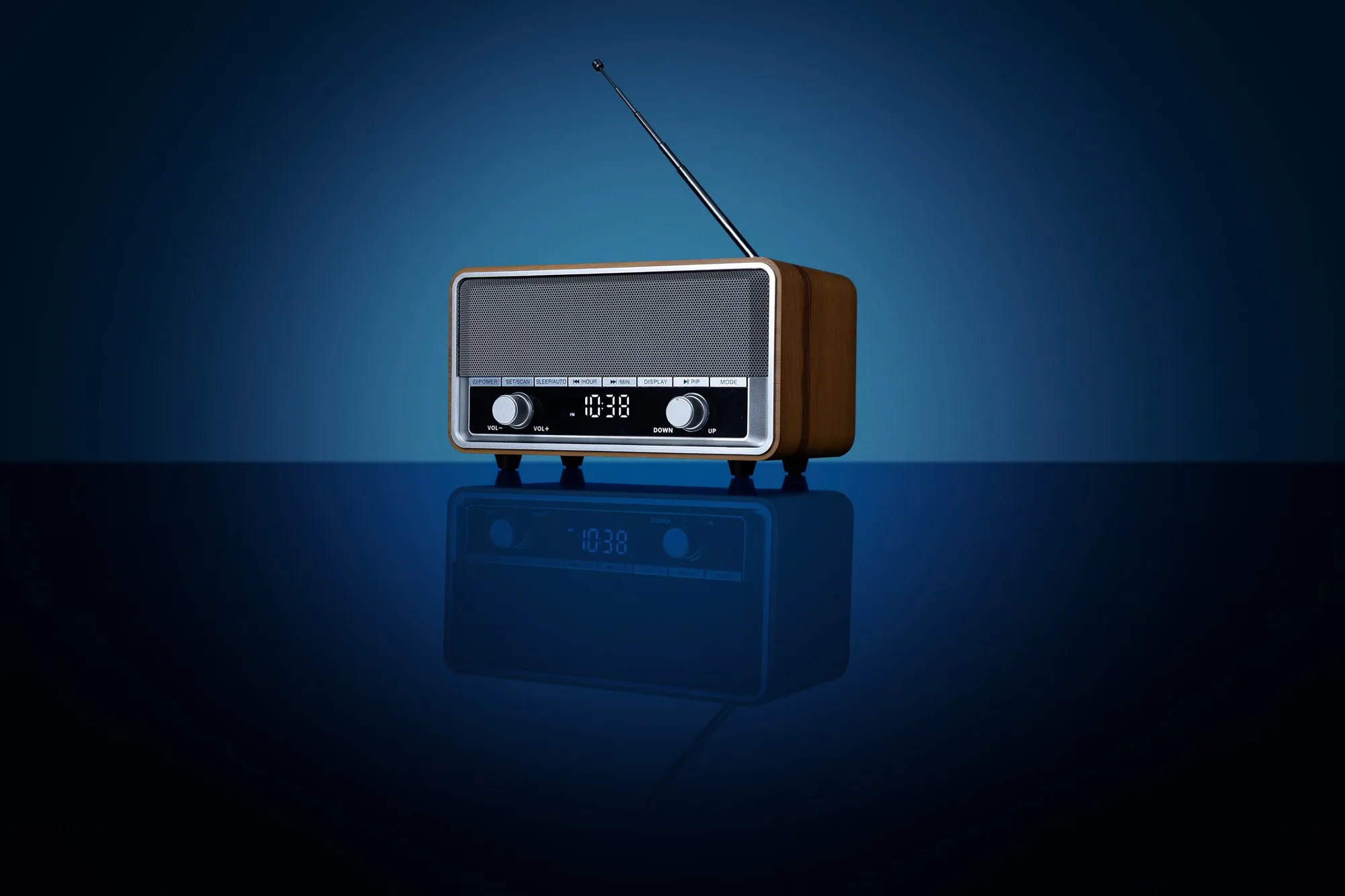 A tabletop radio against a dark blue background