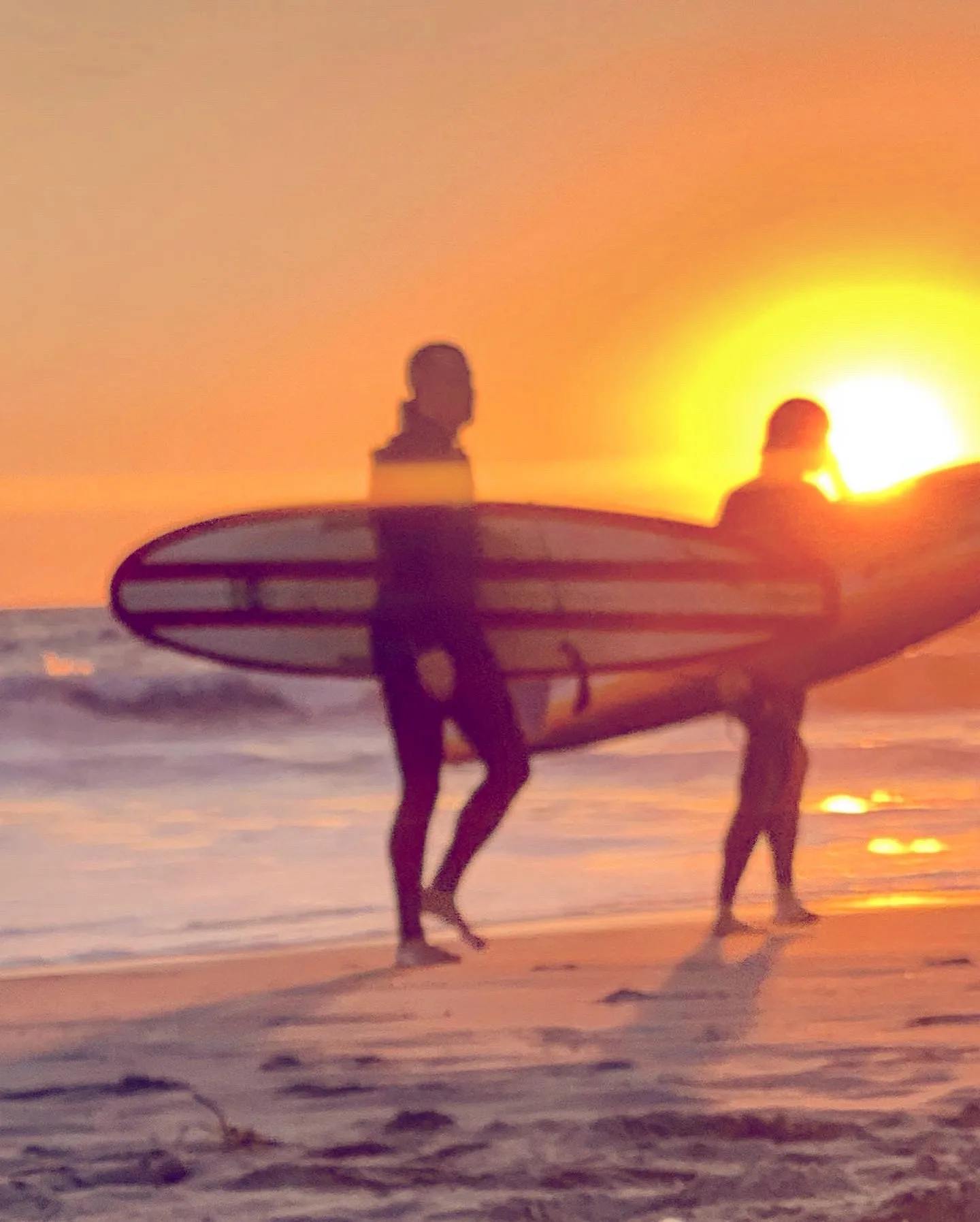 Two surfers carrying boards in the glow of the setting sun
