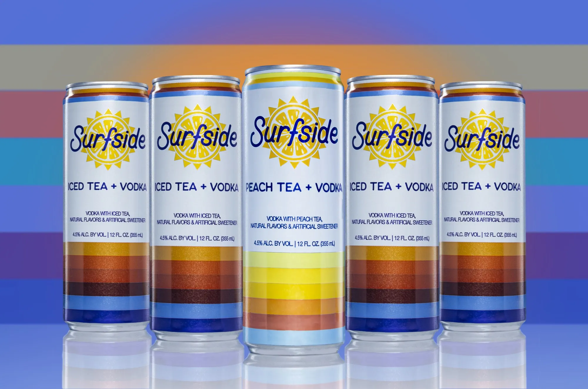 Two colorful beverage flavors are arranged in a bright striped studio composition.